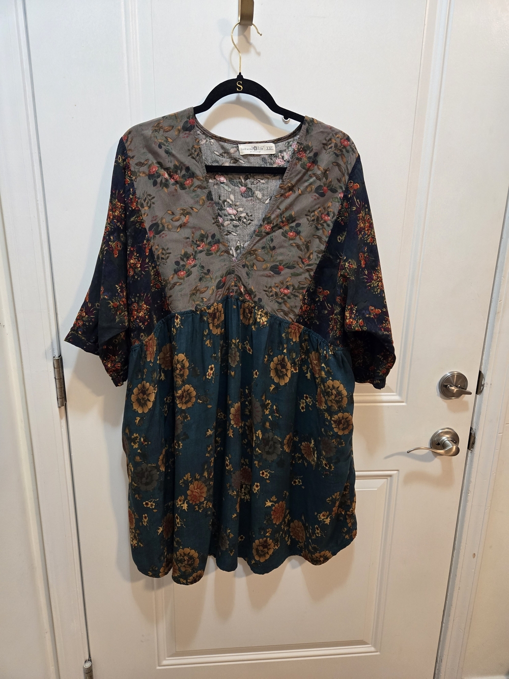 NATURAL LIFE Teal, Gray & Navy Floral Patchwork Mini Dress